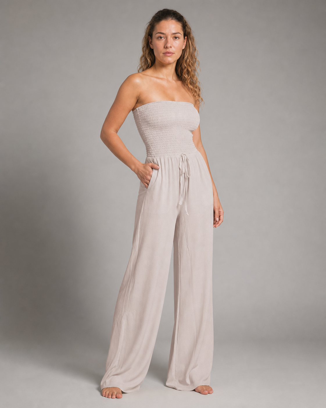 Bella Strapless Jumpsuit | Women's Wide-Leg One-Piece — Beige — threequarter