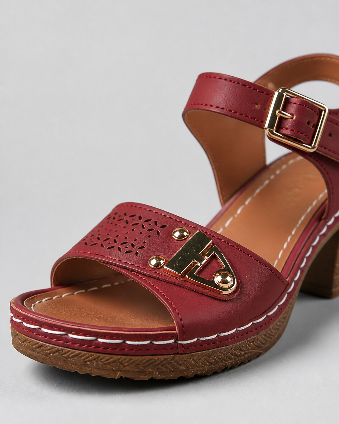 Amalfi Block Heel Sandals | Women's Strappy Buckle Heeled Sandals — Crimson — macro