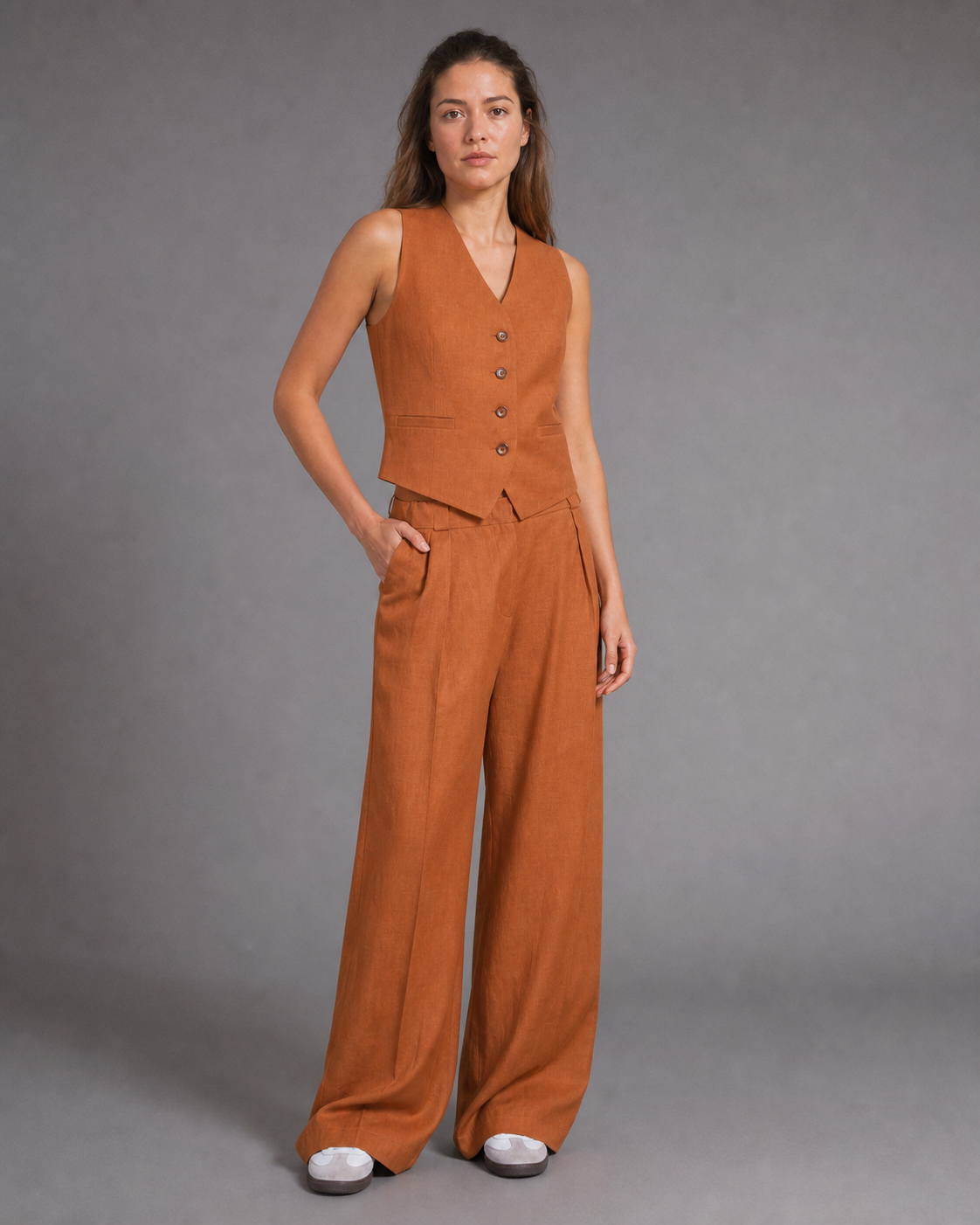 Omi Two-Piece Set | Women's Effortless Wide-Leg Co-Ord — Orange — threequarter