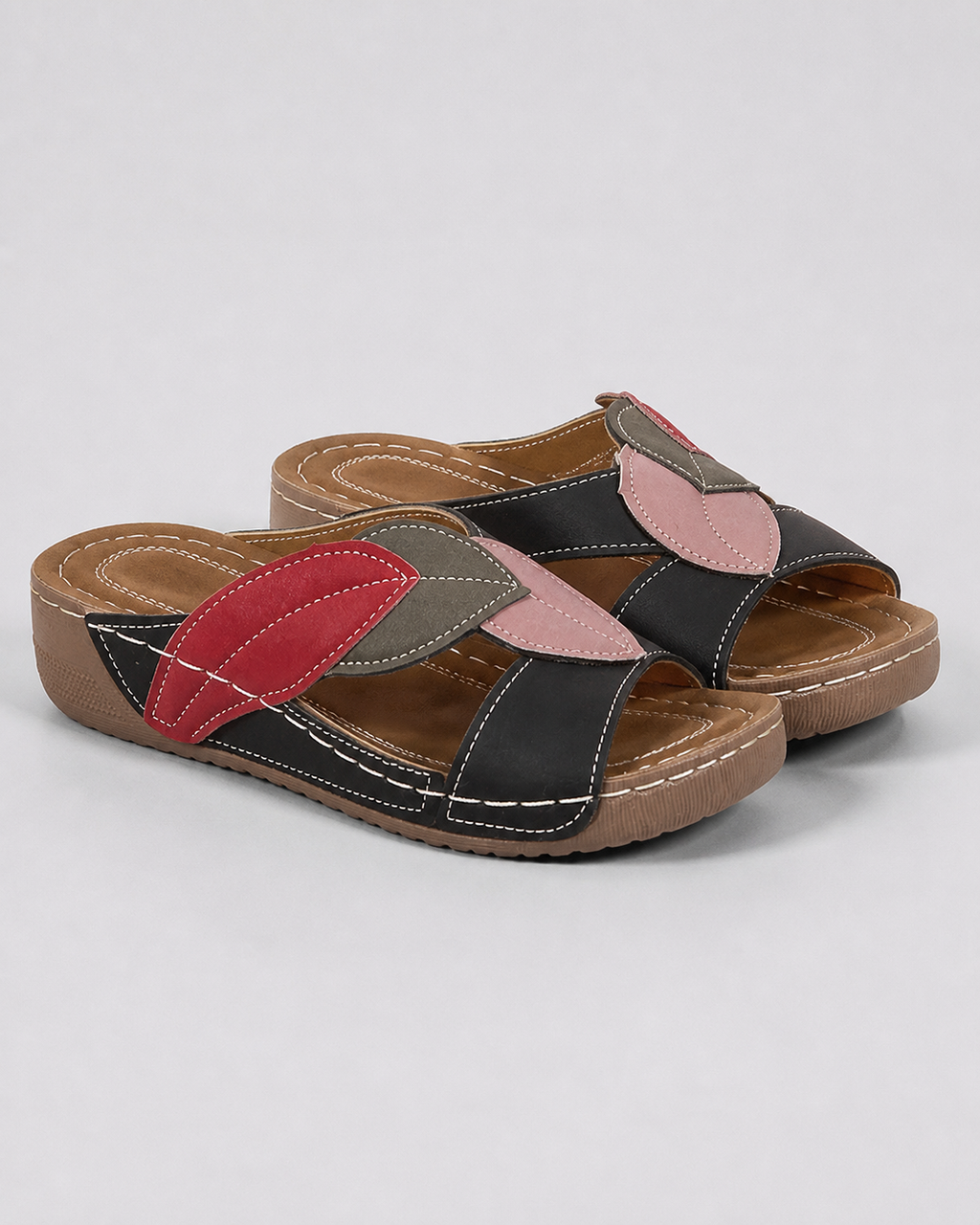 Petra Patchwork Wedge Sandals | Women's Slip-On Comfort Sandals — Black — hero