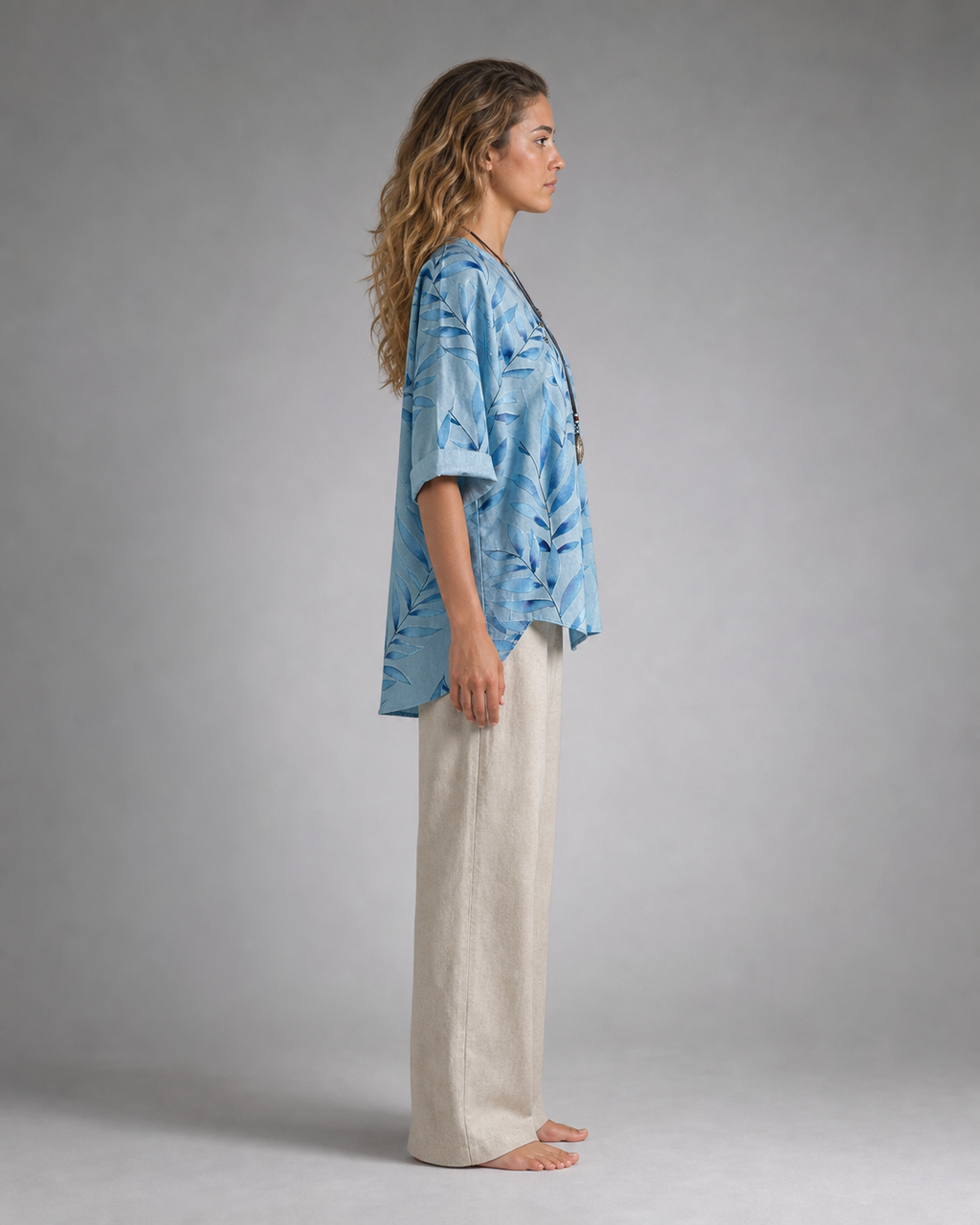 Toni Leaf Print Shirt | Women's Relaxed Roll-Sleeve Top — Blue — side