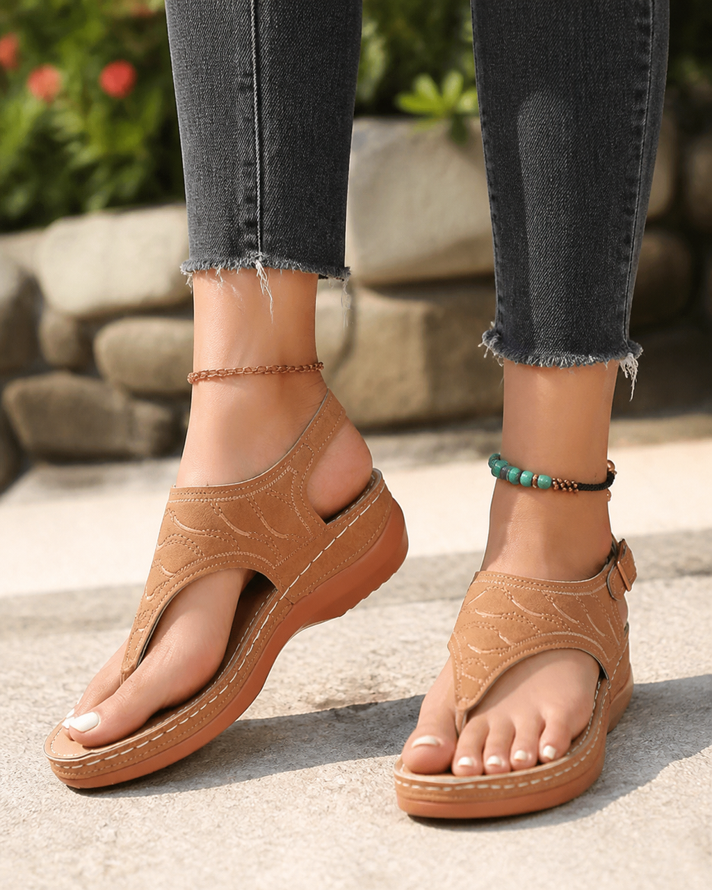 Alessia Cushioned Thong Sandals | Women's Comfort Summer Sandals — Khaki — onfoot