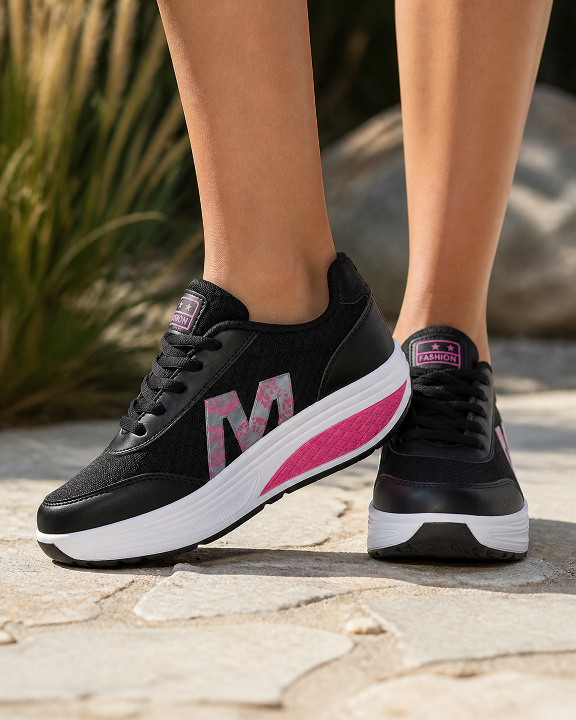 Skyler Platform Walking Sneakers | Women's Cushioned Trainers — Black — onfoot