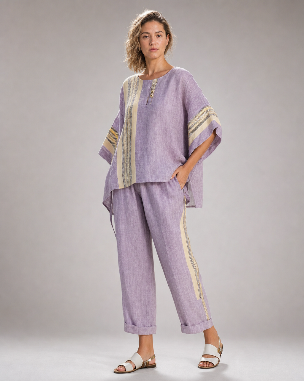 Skye Striped Co-Ord | Women's Two-Piece Wide-Leg Set — Purple — threequarter