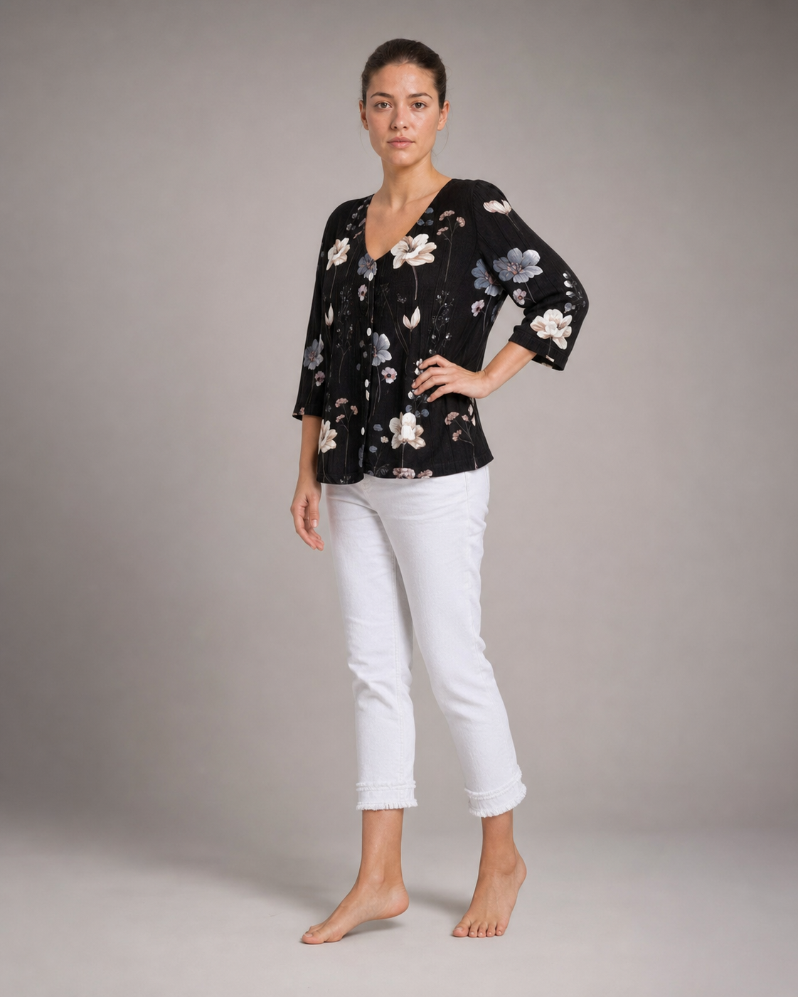 Sherry Floral Blouse | Women's V-Neck Relaxed Top — Black — threequarter