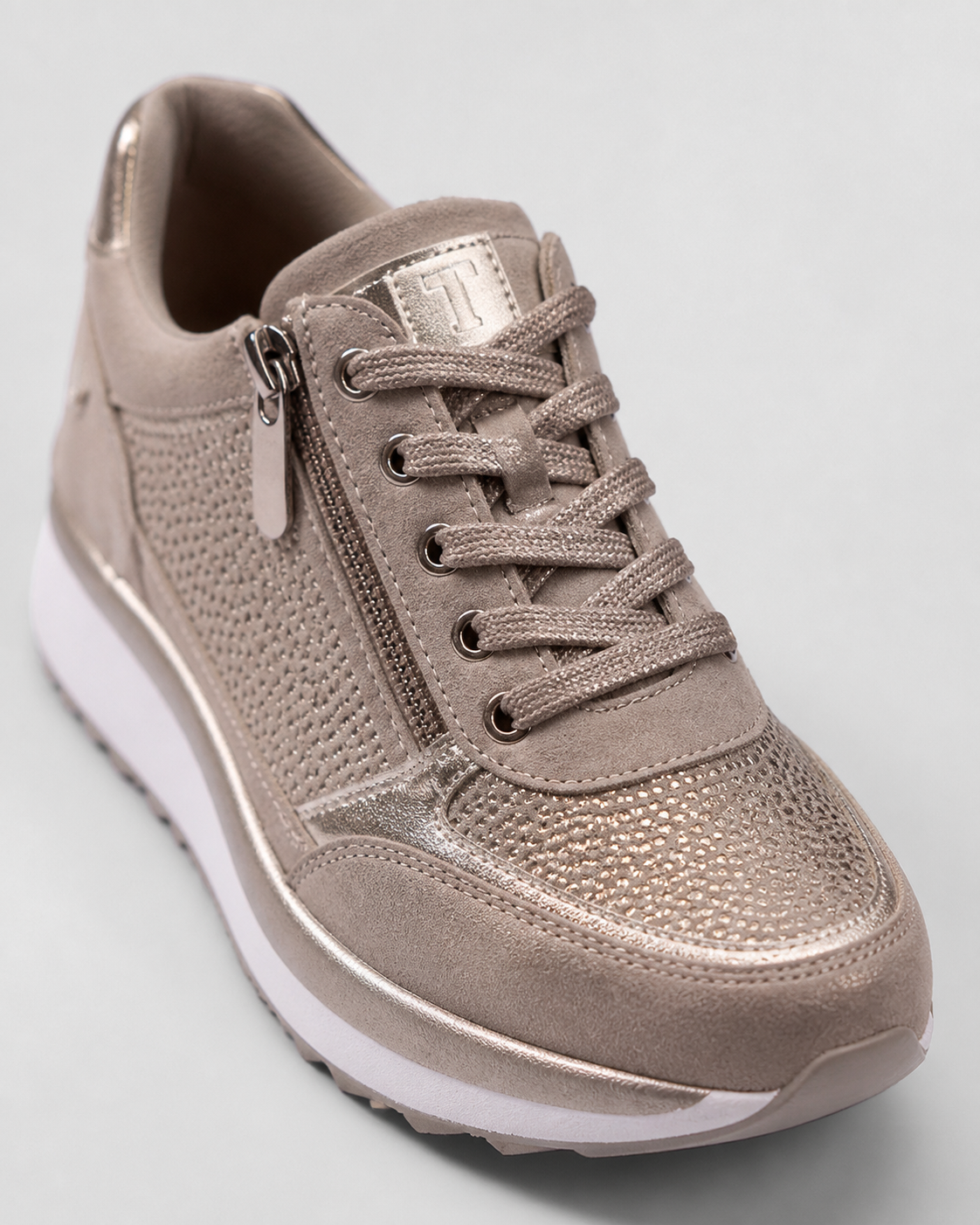 Sparkle Rhinestone Zip Trainers | Women's Metallic Lace-Up Sneakers — Beige — macro