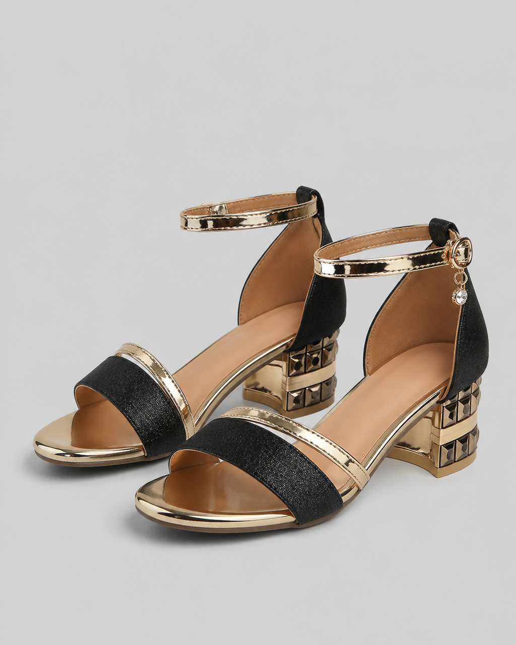 Evadne Block Heel Sandals | Women's Metallic Ankle-Strap Sandals — Black — hero