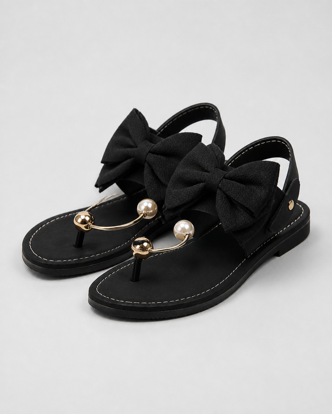 Corwyn Bow Flat Sandals | Women's Pearl Ankle-Cuff Sandals — Black — hero