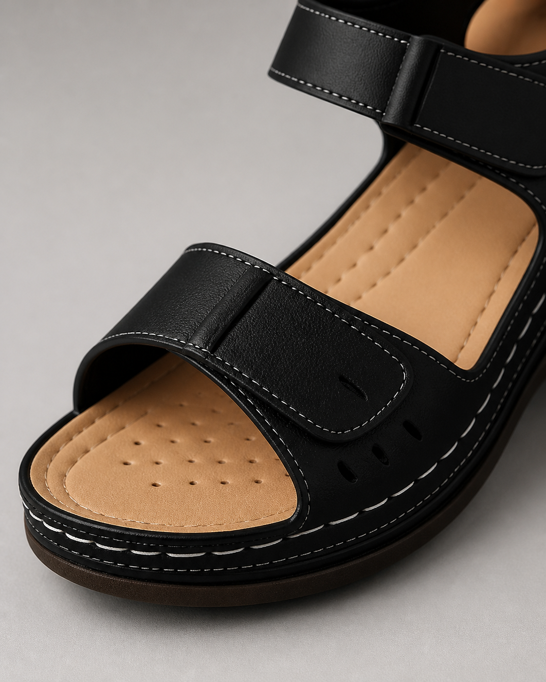Vera Twin-Strap Wedge Sandals | Women's Cushioned Comfort Sandals — Black — macro