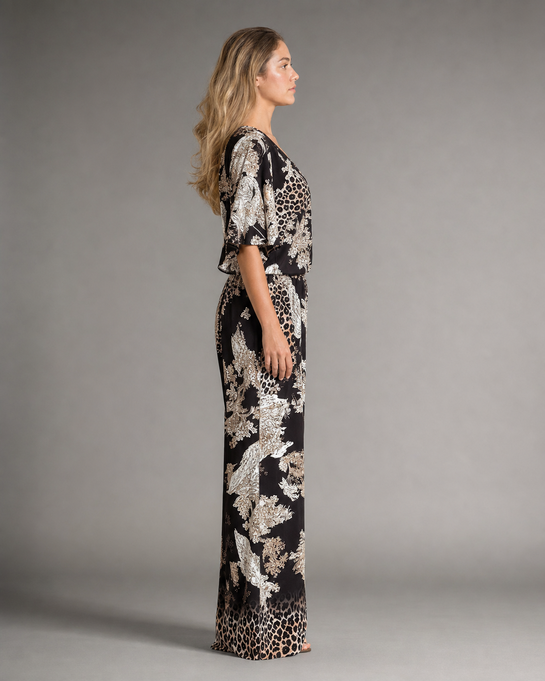Amber Printed V-Neck Set | Women's Top & Trouser Two-Piece — Black — side