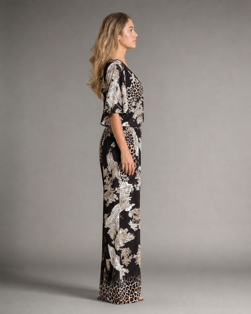 Amber Printed V-Neck Set | Women's Top & Trouser Two-Piece — Black — side