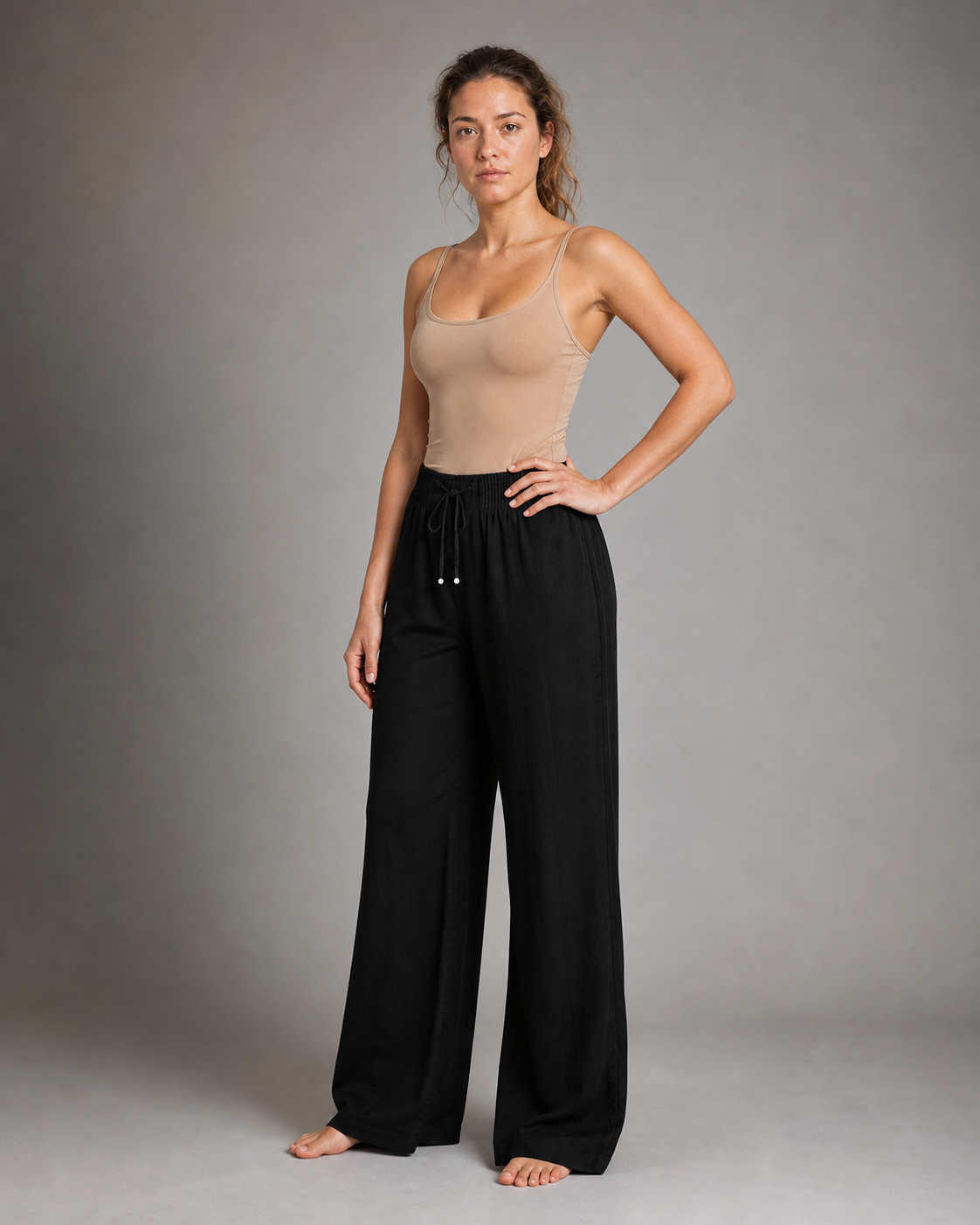 Annabelle Wide-Leg Palazzo Pants | Women's Drawstring Trousers — Black — threequarter
