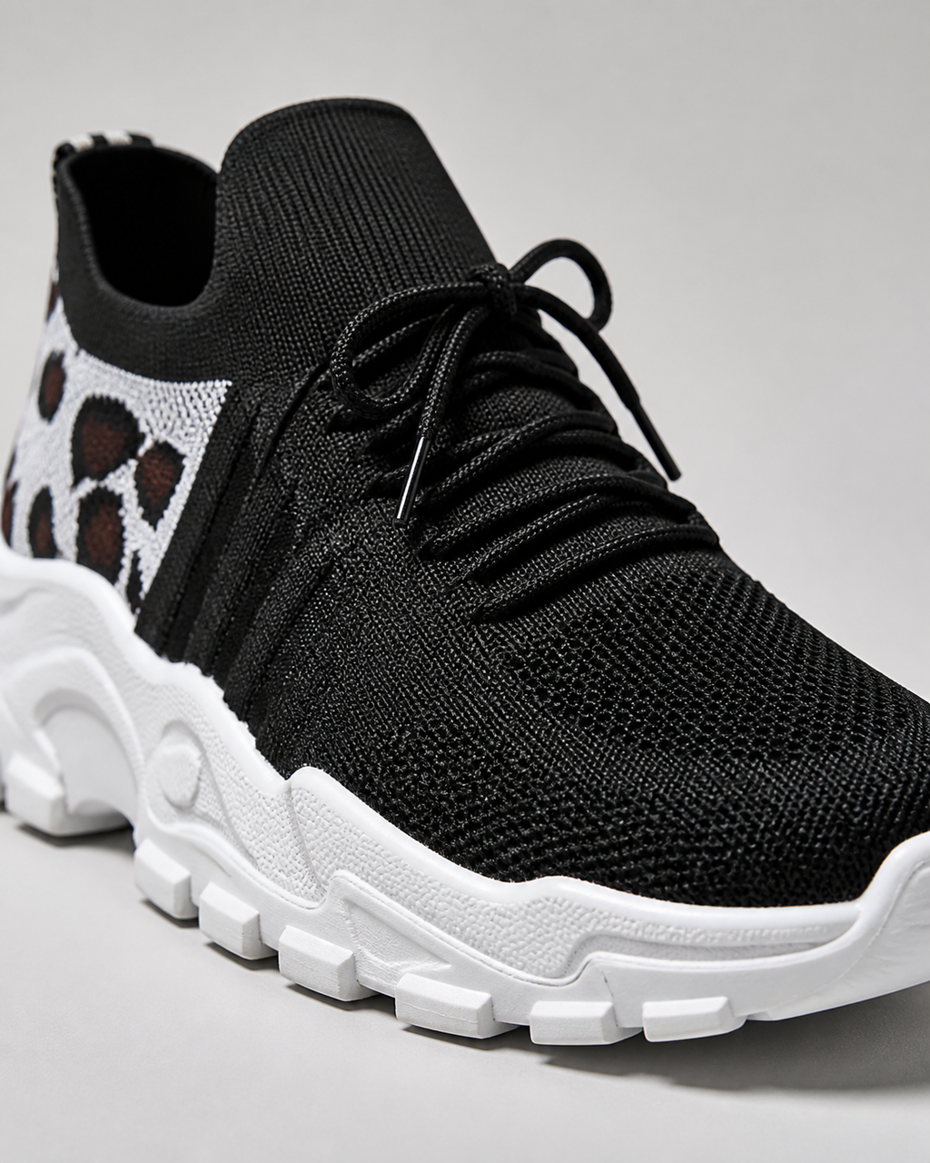 Aura Chunky-Sole Knit Trainers | Women's Lace-Up Mesh Sneakers — Black/White — macro