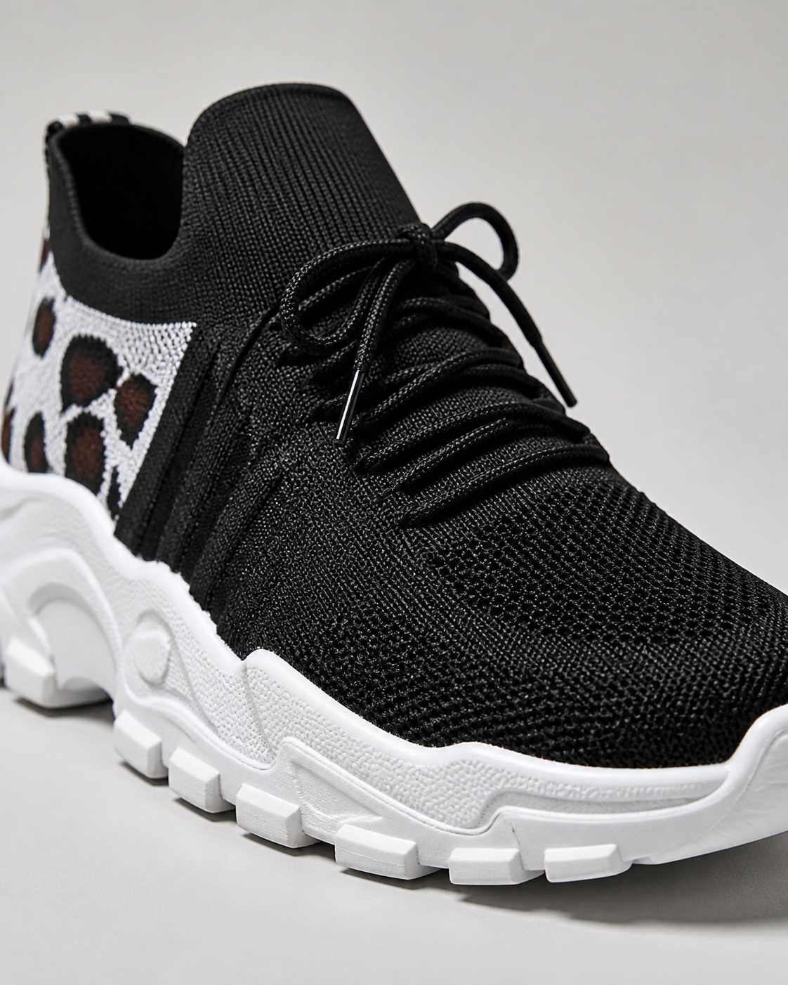 Aura Chunky-Sole Knit Trainers | Women's Lace-Up Mesh Sneakers — Black/White — macro