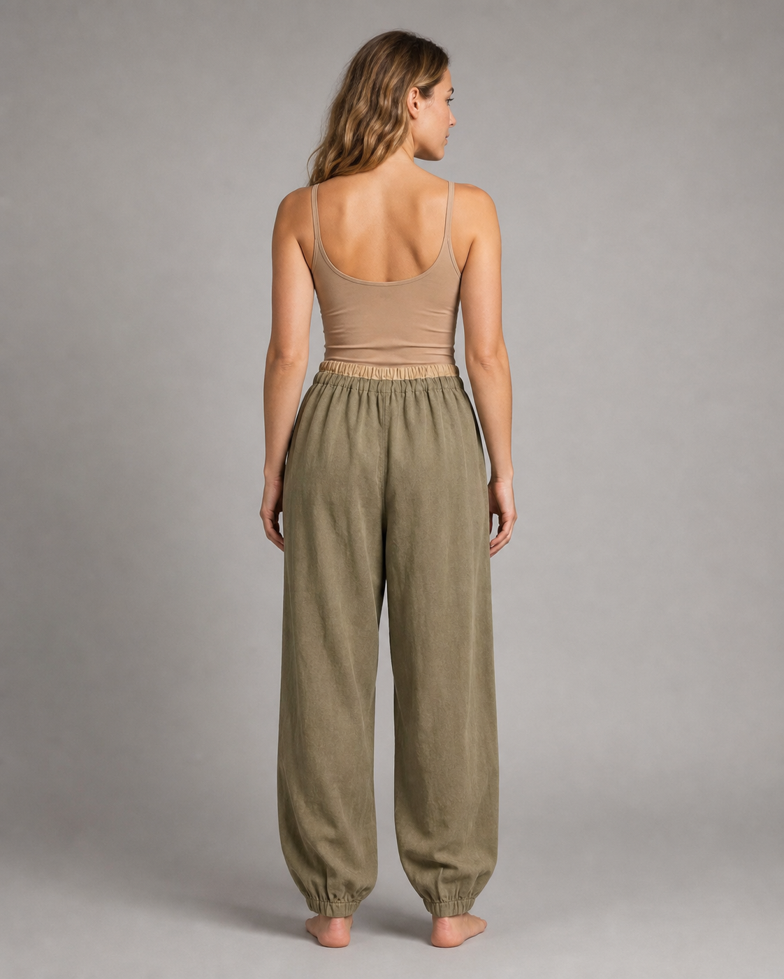 Vivo Drawstring Tapered Pants | Women's Relaxed Summer Trousers — Olive — back