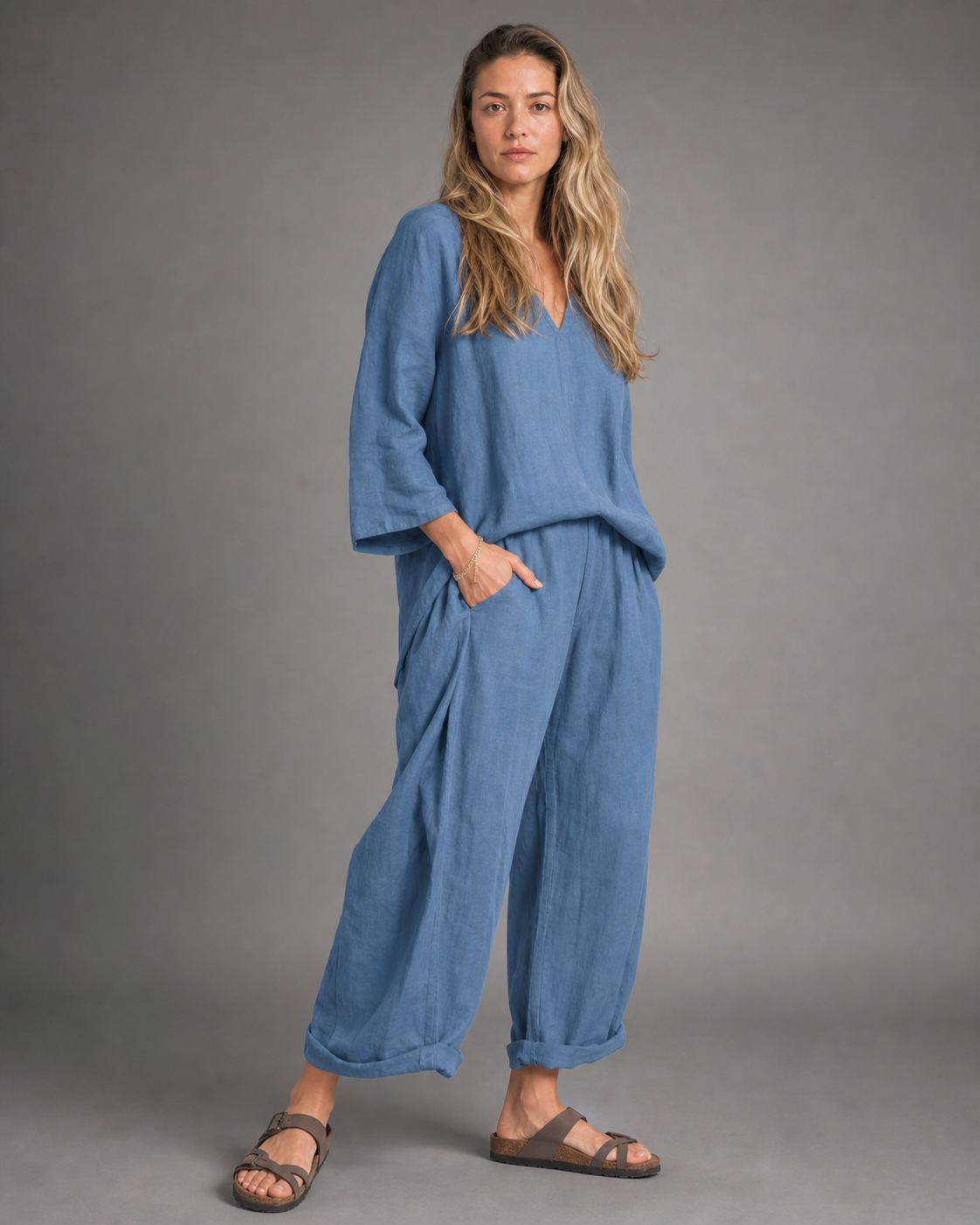 Joy Top & Trouser Set | Women's Relaxed Two-Piece Co-Ord — Sky Blue — threequarter