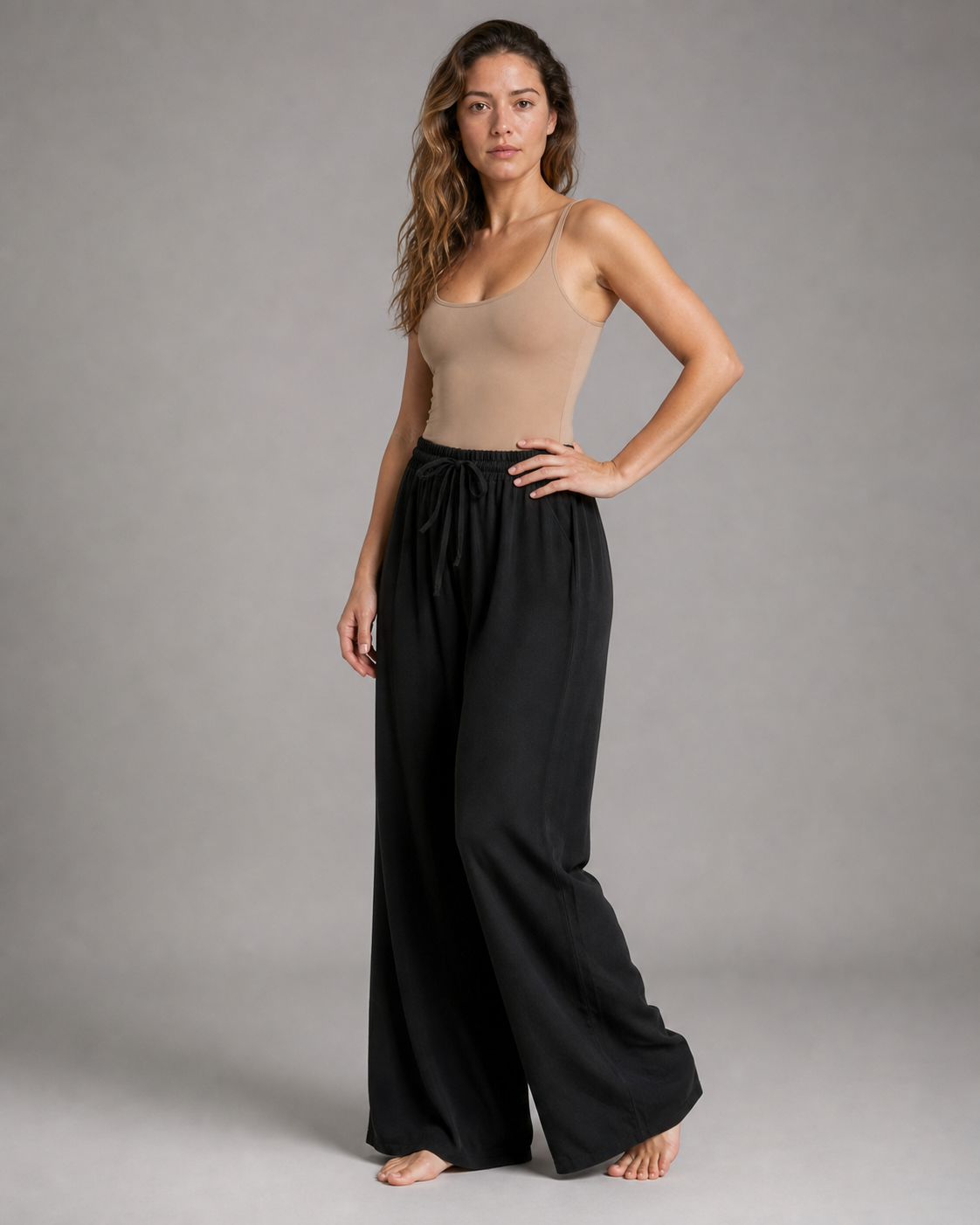 Cherry Drawstring Wide-Leg Pants | Women's Relaxed Trousers — Black — threequarter