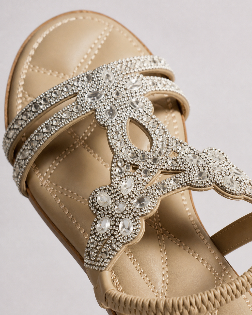 Elina Floral-Trim Flat Sandals | Women's Embellished Slingback Sandals — Beige — macro