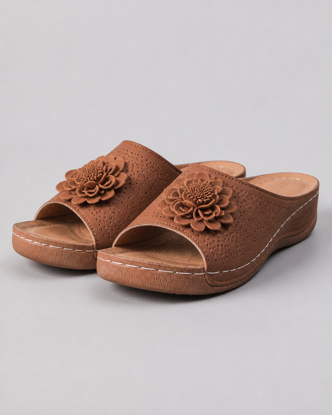 Flora Floral Wedge Sandals | Women's Slip-On Comfort Sandals — Brown — hero