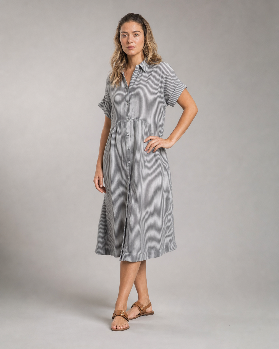Corinne Striped Shirt | Women's Relaxed Button-Up Top — Gray — threequarter