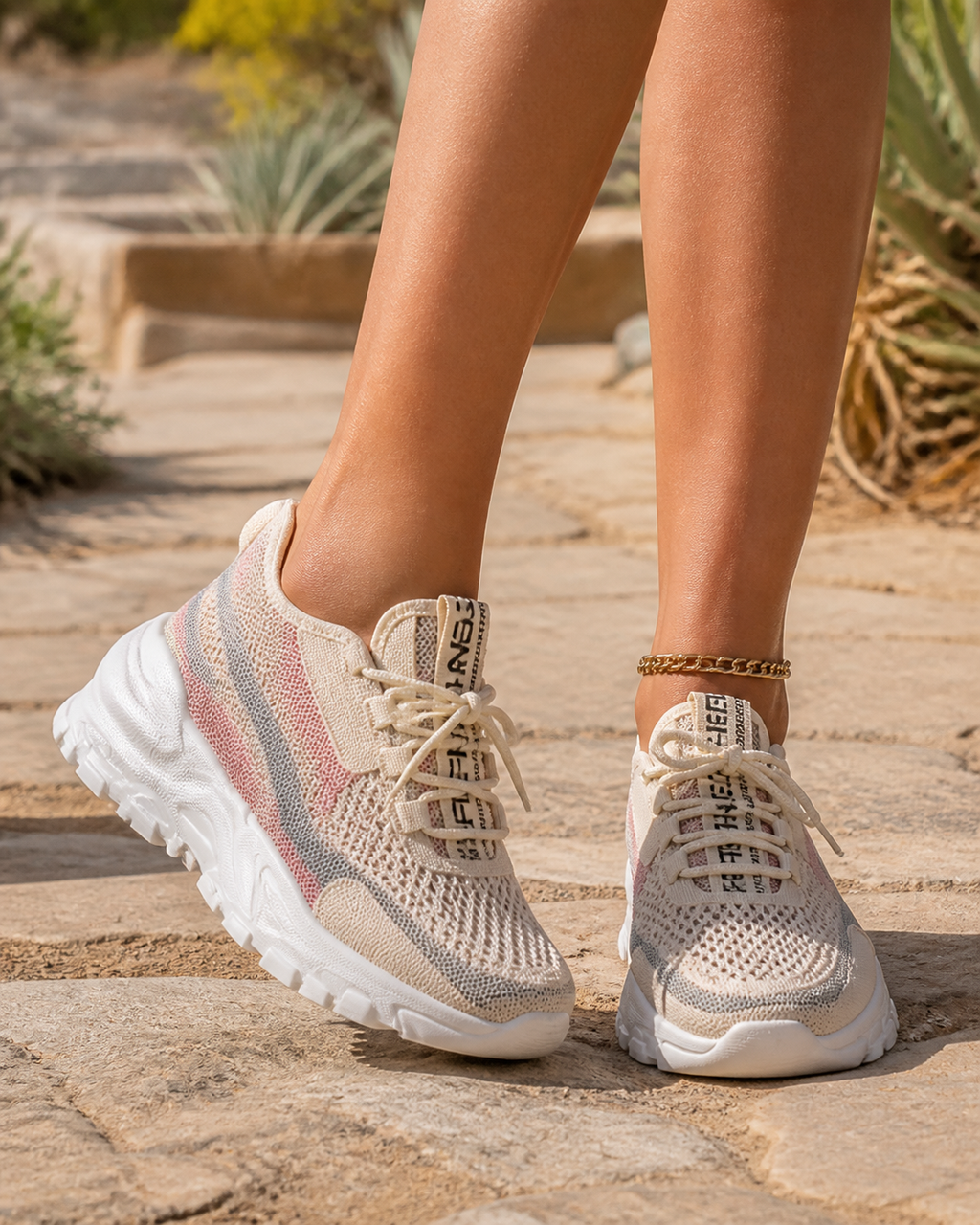 Ondine Breathable Mesh Sneakers | Women's Walking Trainers — Beige — onfoot