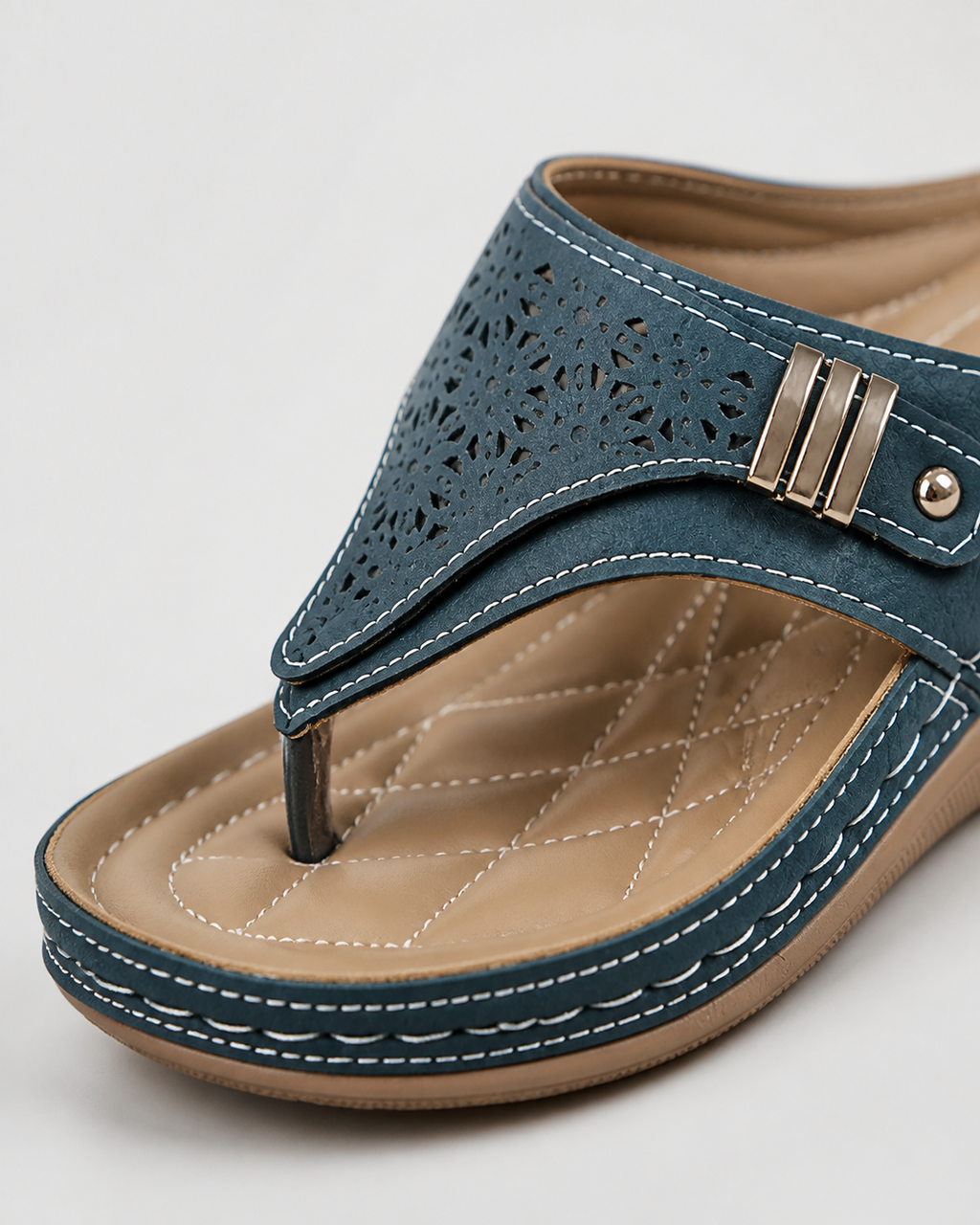 Xaria Beaded Wedge Sandals | Women's Toe-Post Platform Sandals — Navy blue — macro
