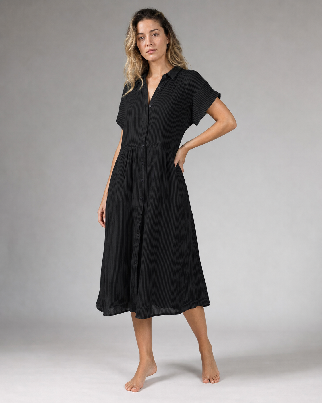 Corinne Striped Shirt | Women's Relaxed Button-Up Top — Black — threequarter