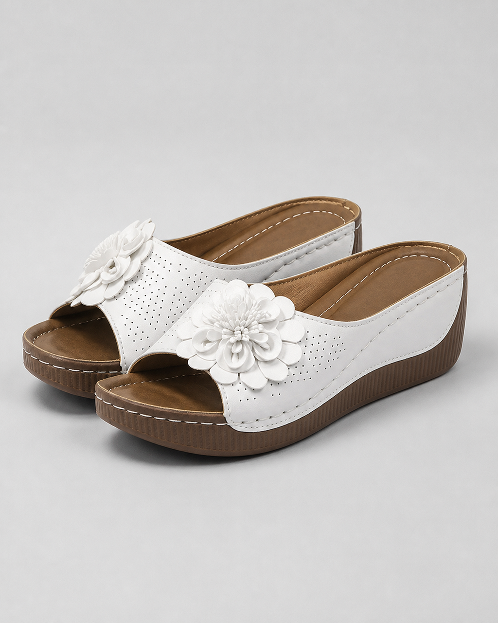 Flora Floral Wedge Sandals | Women's Slip-On Comfort Sandals — White — hero
