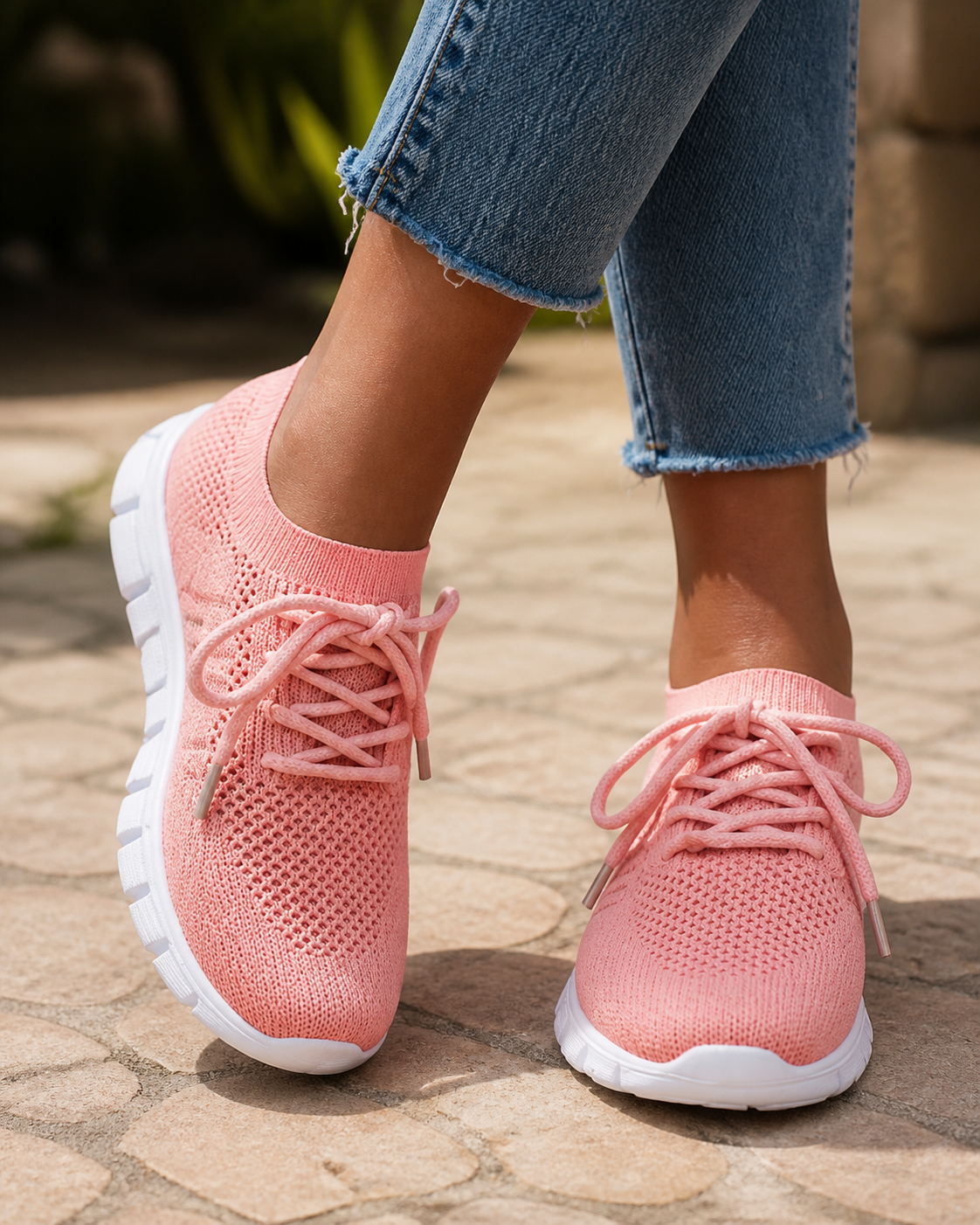 Nova Lightweight Knit Sneakers | Women's Lace-Up Trainers — Pink — onfoot