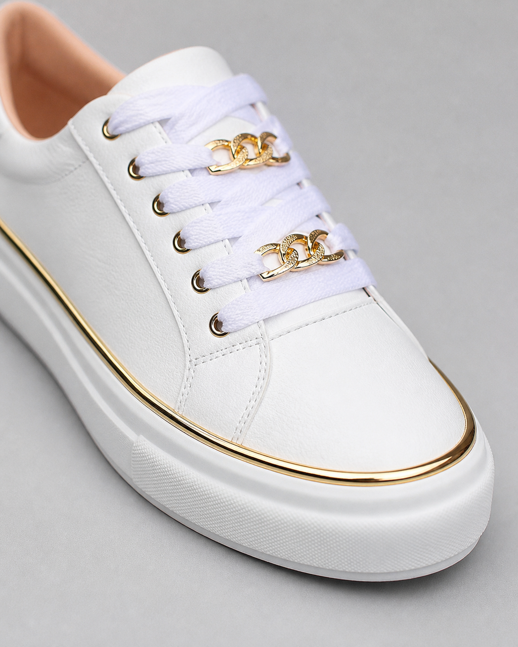 Cleo Gold-Chain Platform Sneakers | Women's Lace-Up Trainers — White — macro