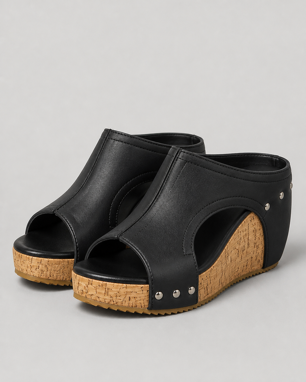 Quinley Cork Wedge Sandals | Women's Cut-Out Platform Slides — Black — hero