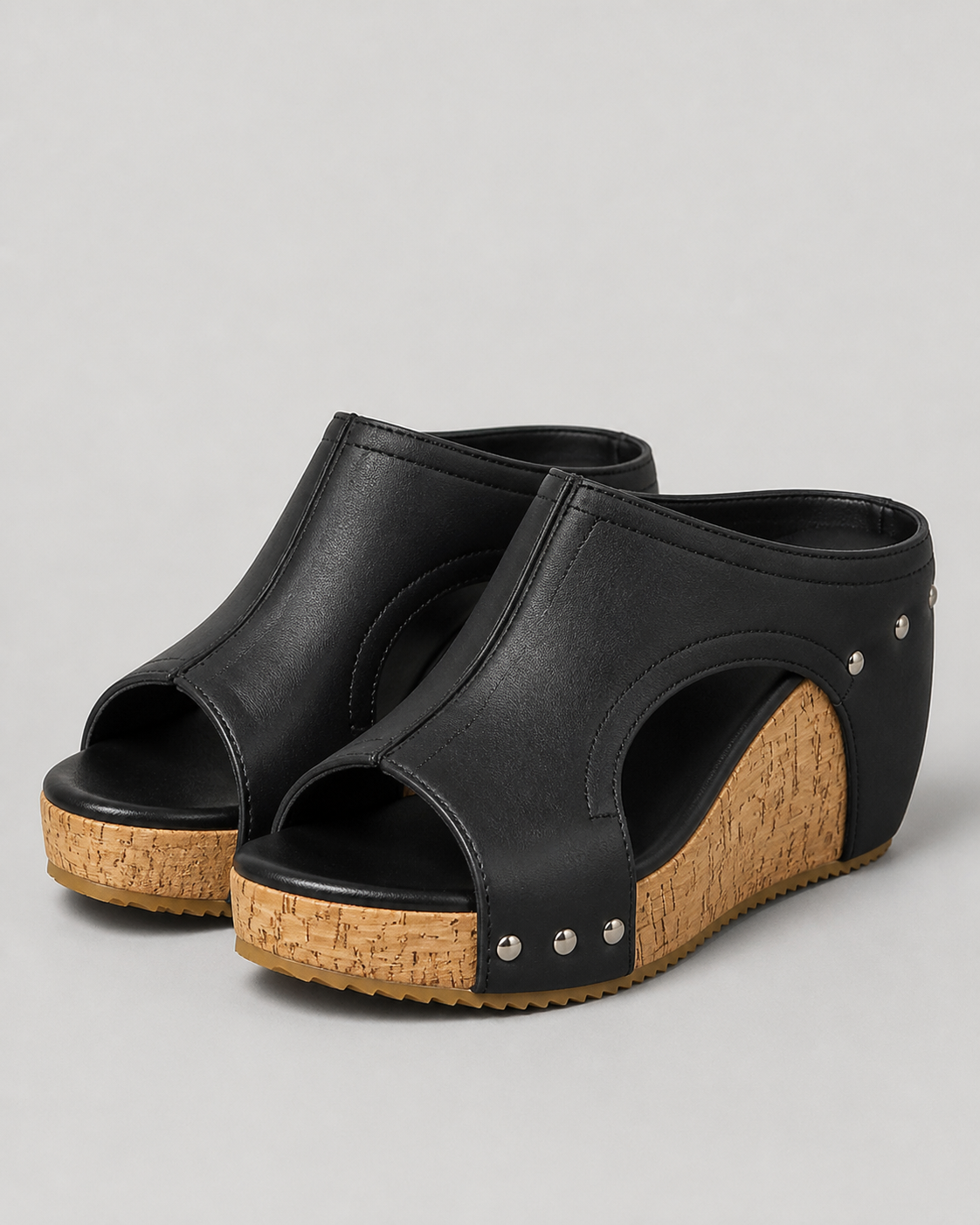 Quinley Cork Wedge Sandals | Women's Cut-Out Platform Slides — Black — hero