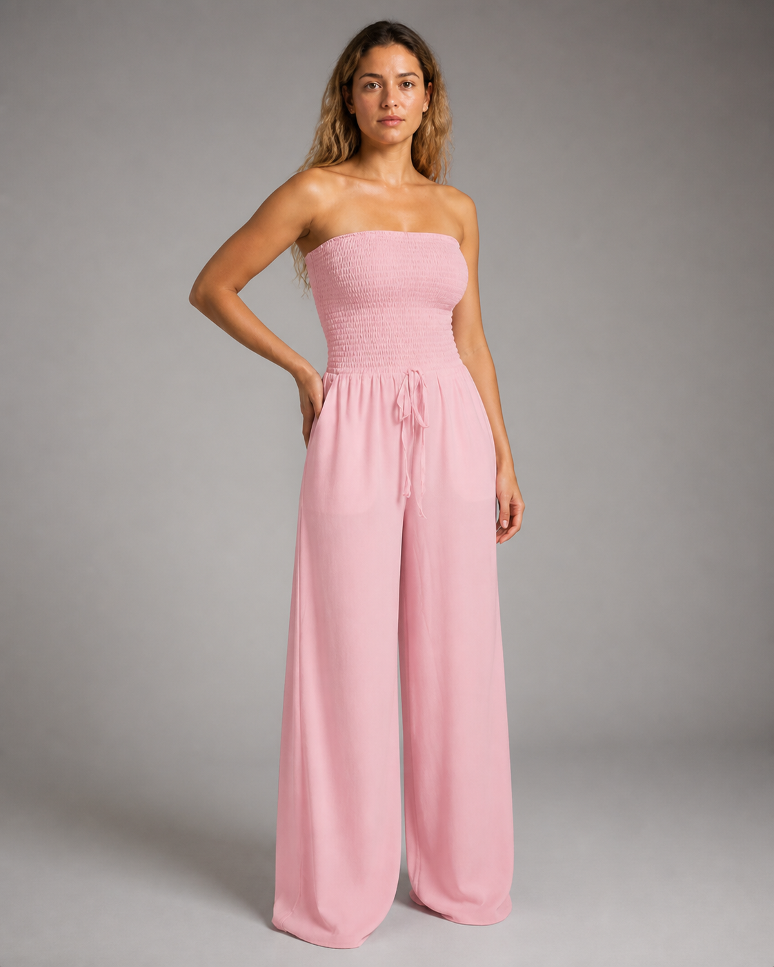Bella Strapless Jumpsuit | Women's Wide-Leg One-Piece — Pink — threequarter