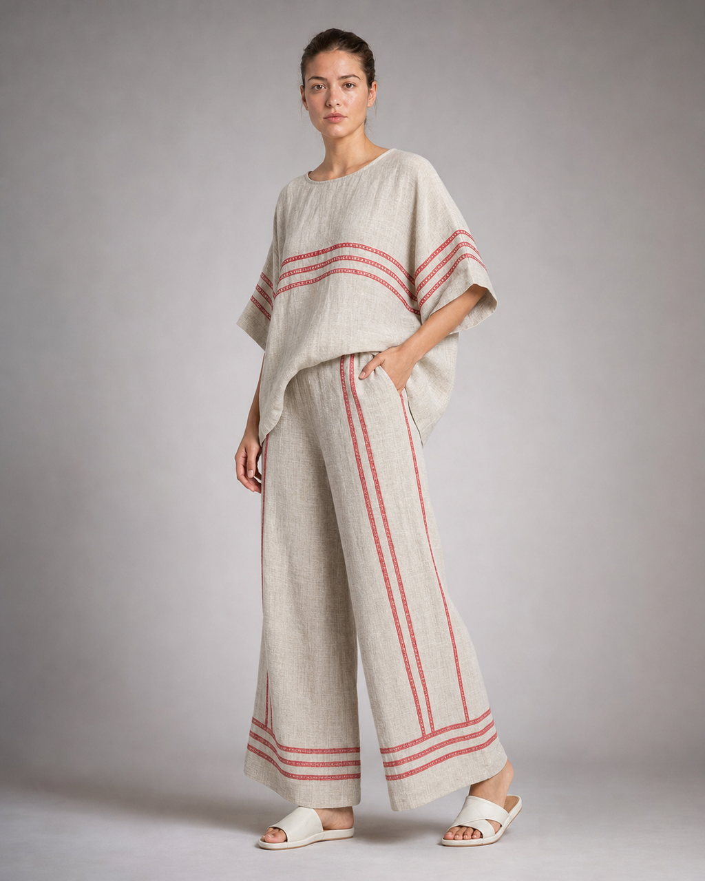 Imogen Striped Co-Ord | Women's Two-Piece Wide-Leg Set — Grey — threequarter