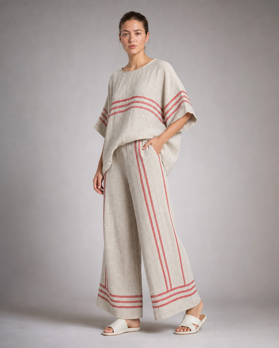 Imogen Striped Co-Ord | Women's Two-Piece Wide-Leg Set — Grey — threequarter