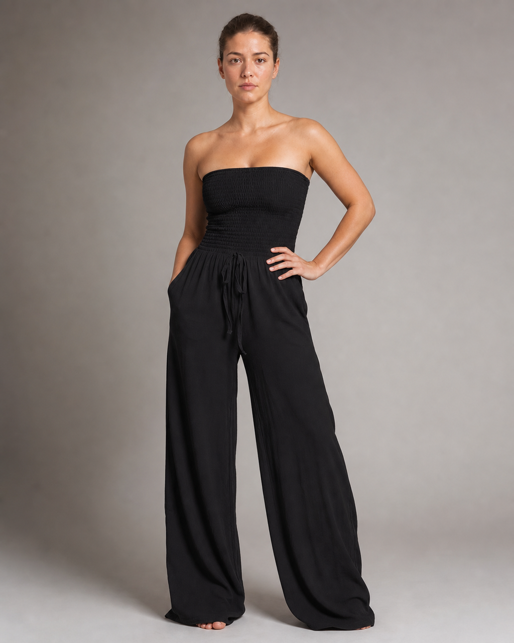Bella Strapless Jumpsuit | Women's Wide-Leg One-Piece — Black — threequarter