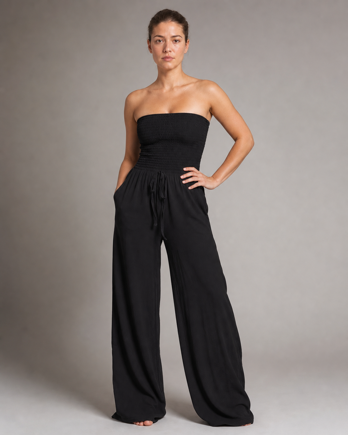 Bella Strapless Jumpsuit | Women's Wide-Leg One-Piece — Black — threequarter