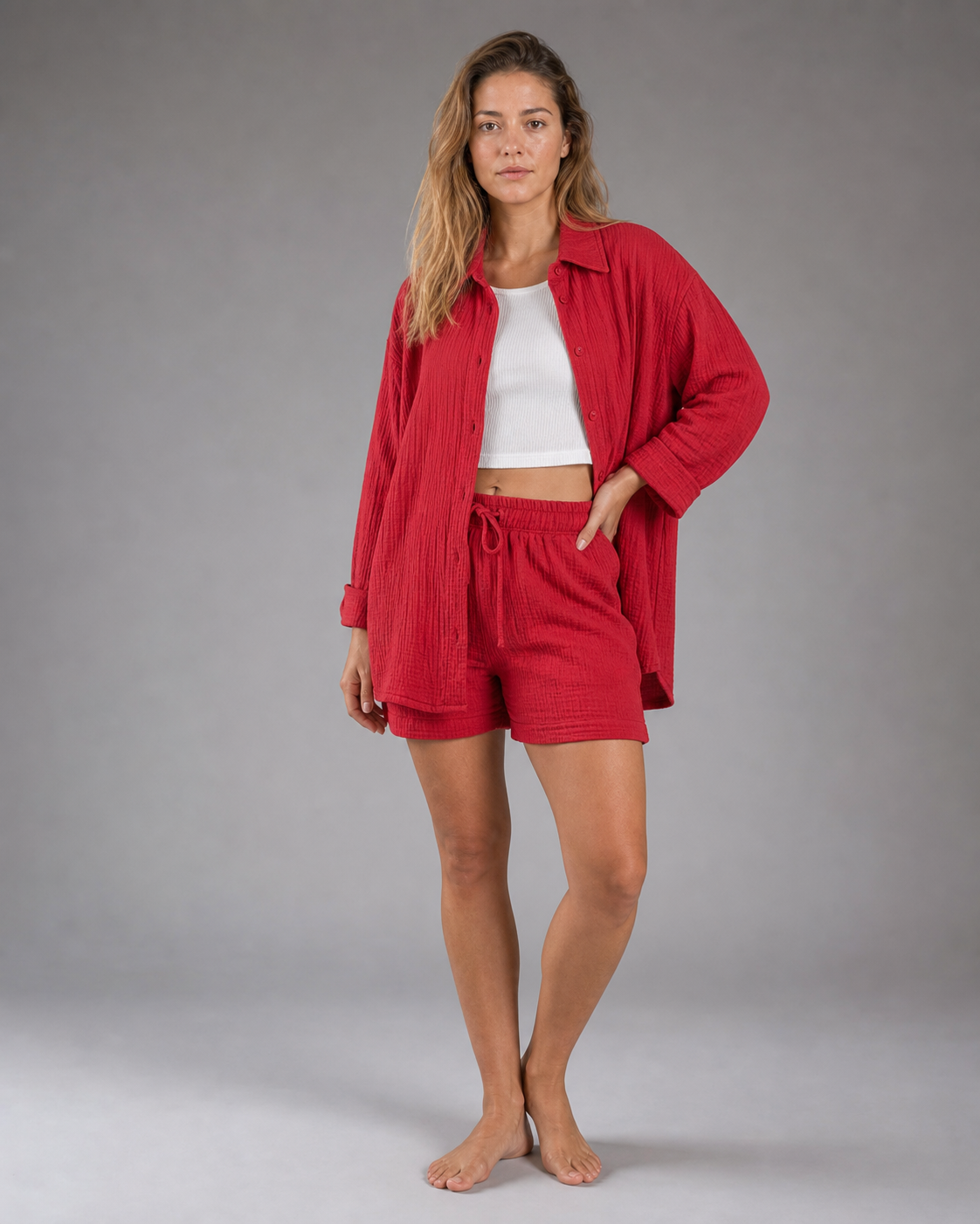 Rosa Shirt & Shorts Set | Women's Two-Piece Summer Co-Ord — Red — threequarter