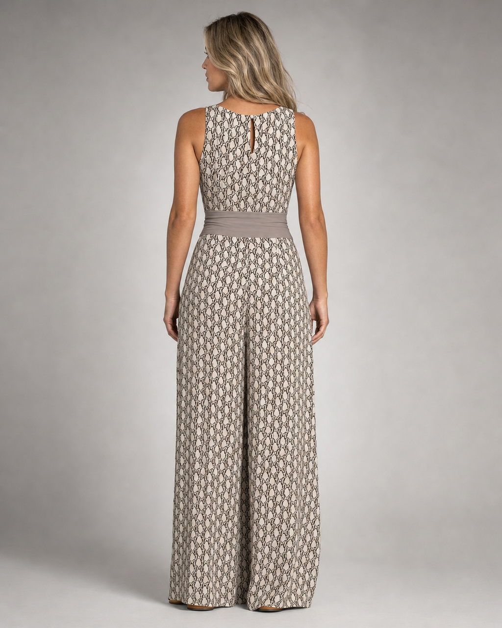 Aria Sleeveless Jumpsuit | Women's Wide-Leg V-Neck One-Piece — Beige — back