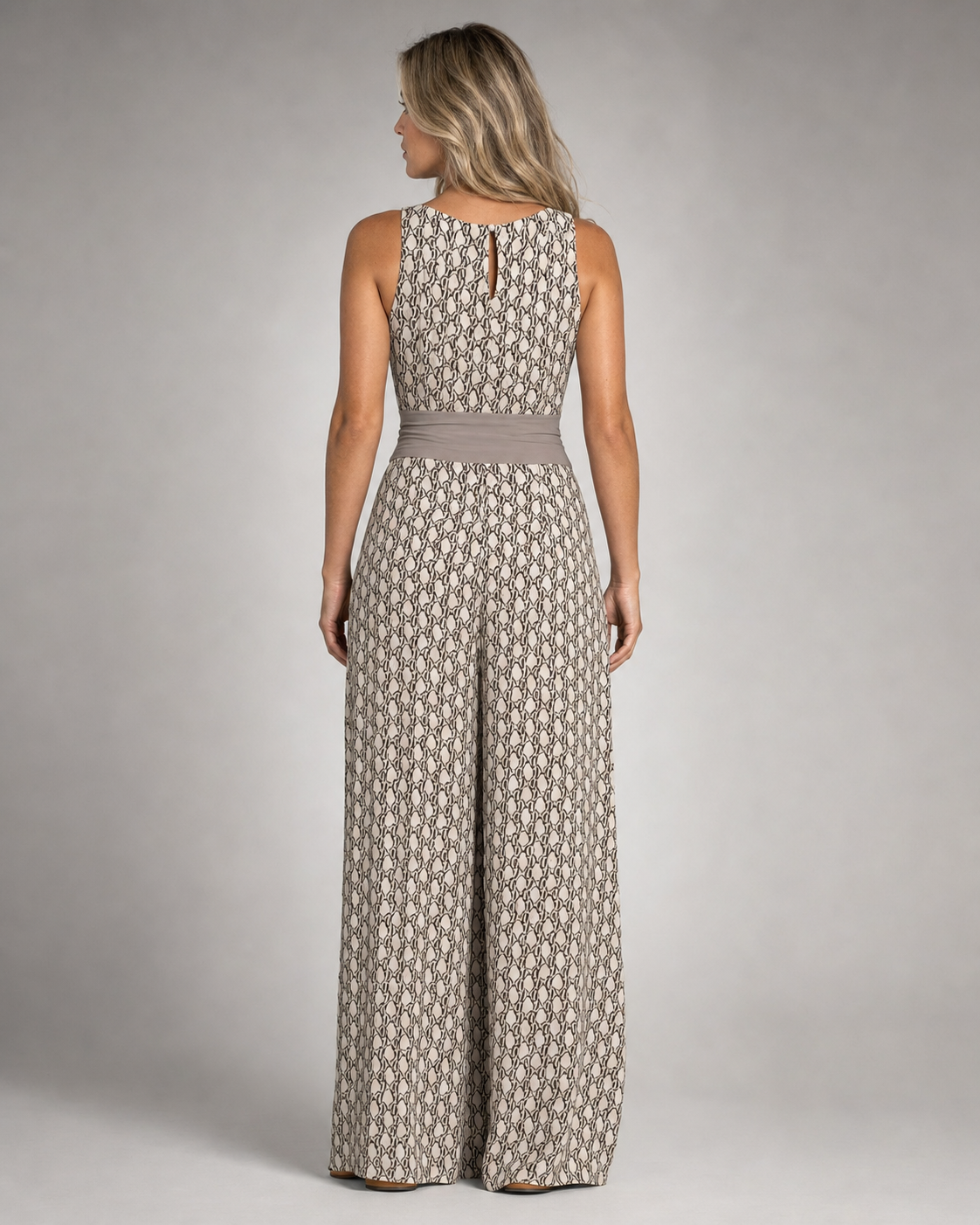 Aria Sleeveless Jumpsuit | Women's Wide-Leg V-Neck One-Piece — Beige — back