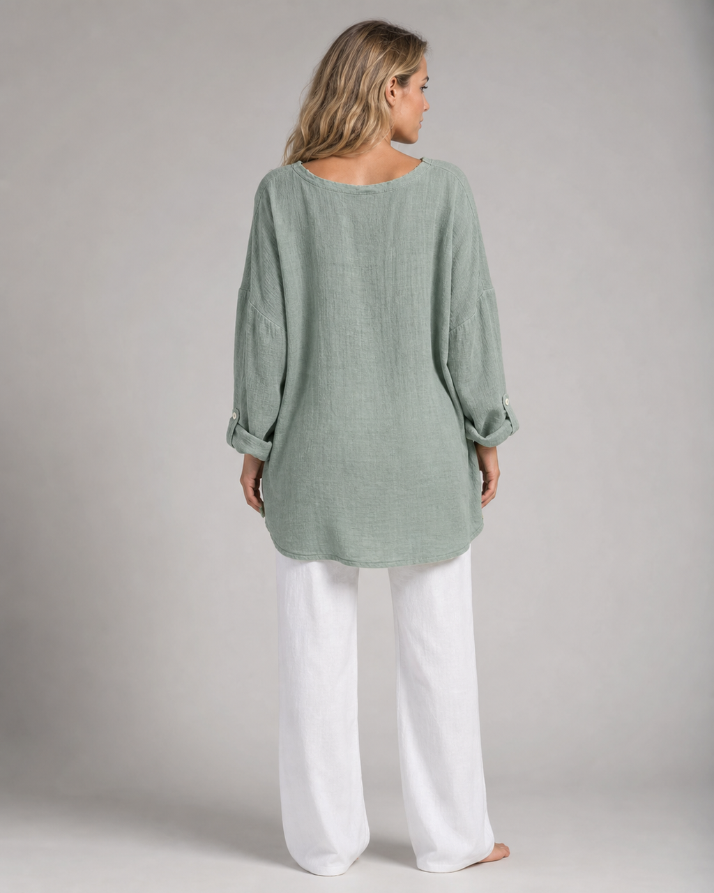 Criza Oversized Shirt | Women's Lightweight Relaxed Blouse — Gray/Green — back