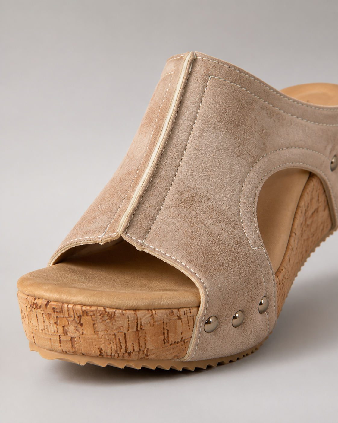 Quinley Cork Wedge Sandals | Women's Cut-Out Platform Slides — Beige — macro