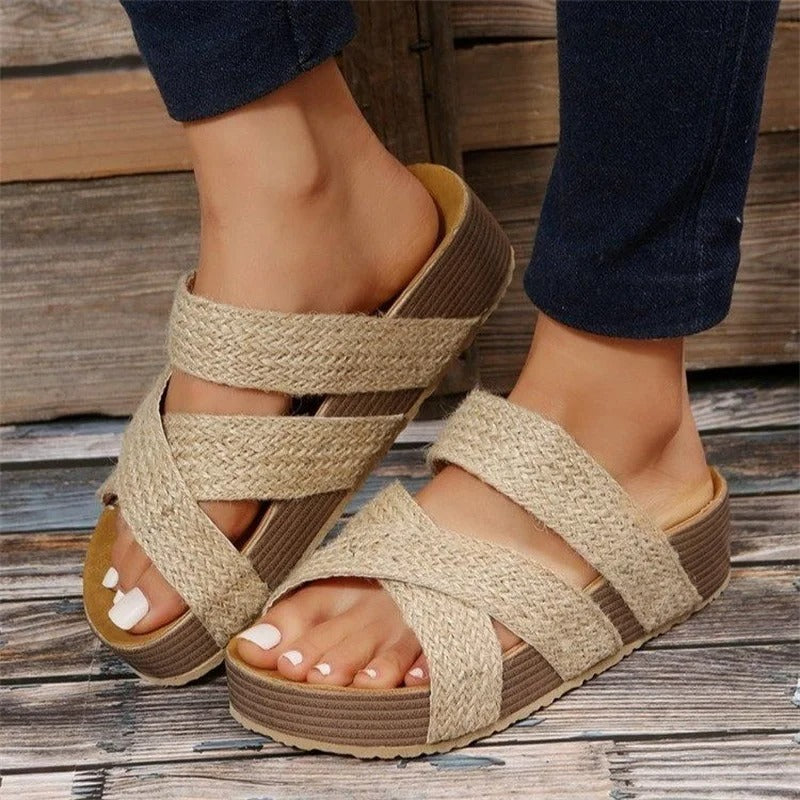 Darcey Woven Cross-Strap Sandals | Women's Cushioned Wedge Sandals